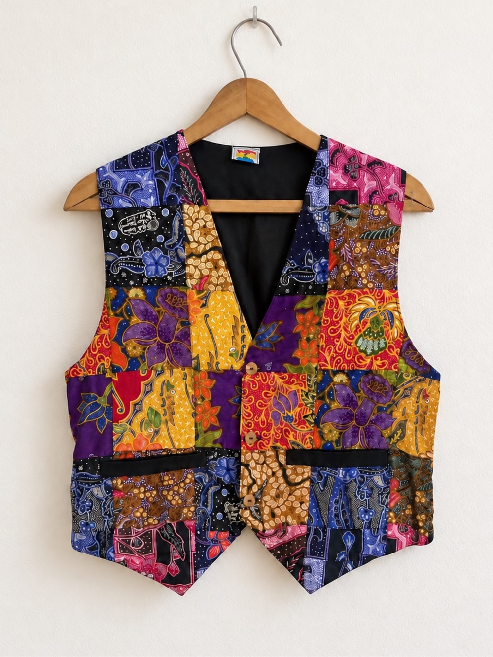 Vintage Niva Batik Patchwork Vest Boho Art to Wear 90s Floral